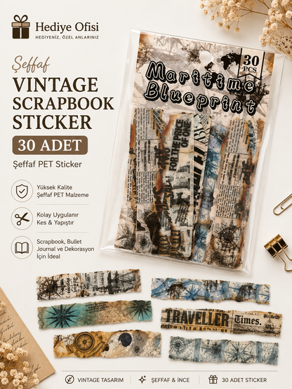 Şeffaf Vintage Scrapbook Sticker 30 Adet PET Dekoratif Journaling Kolaj Sticker Seti