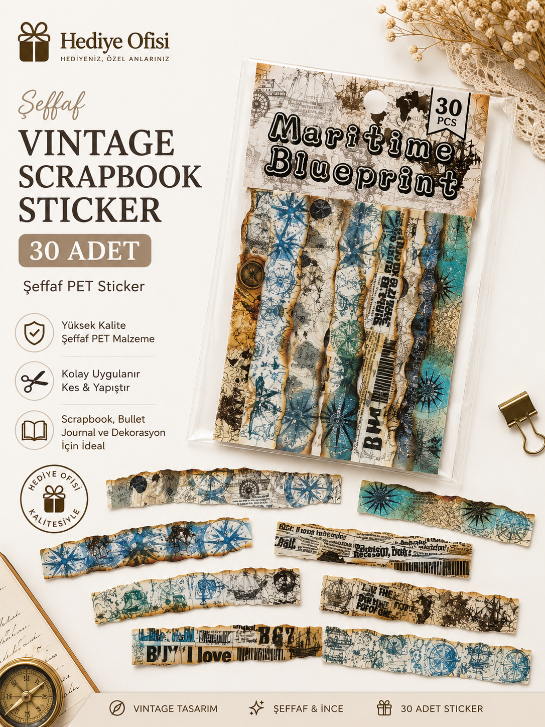 Şeffaf Vintage Scrapbook Sticker 30 Adet PET Dekoratif Journaling Kolaj Sticker Seti