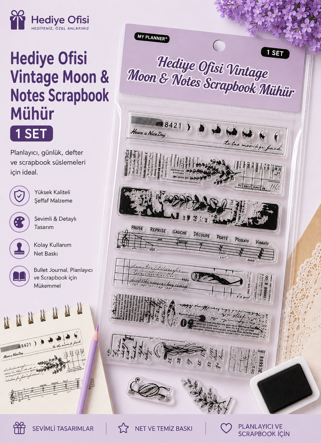 Hediye Ofisi Vintage Moon & Notes Scrapbook Mühür – Şeffaf Silikon Ay, Nota ve Botanik Temalı Journal & Planner Damga