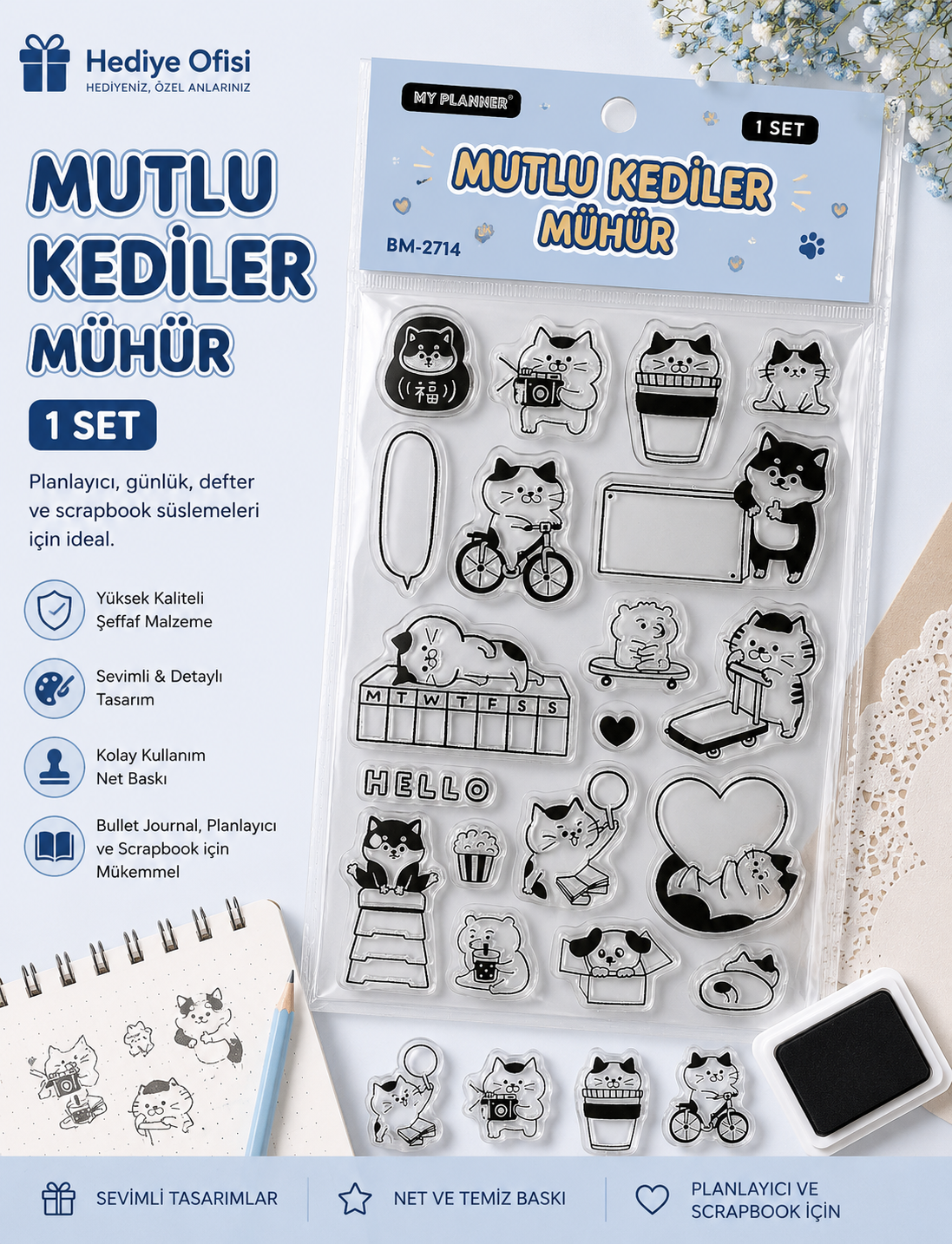 Hediye Ofisi Mutlu Kediler Scrapbook Mühür – Şeffaf Silikon Kedi Temalı Journal & Planner Damga