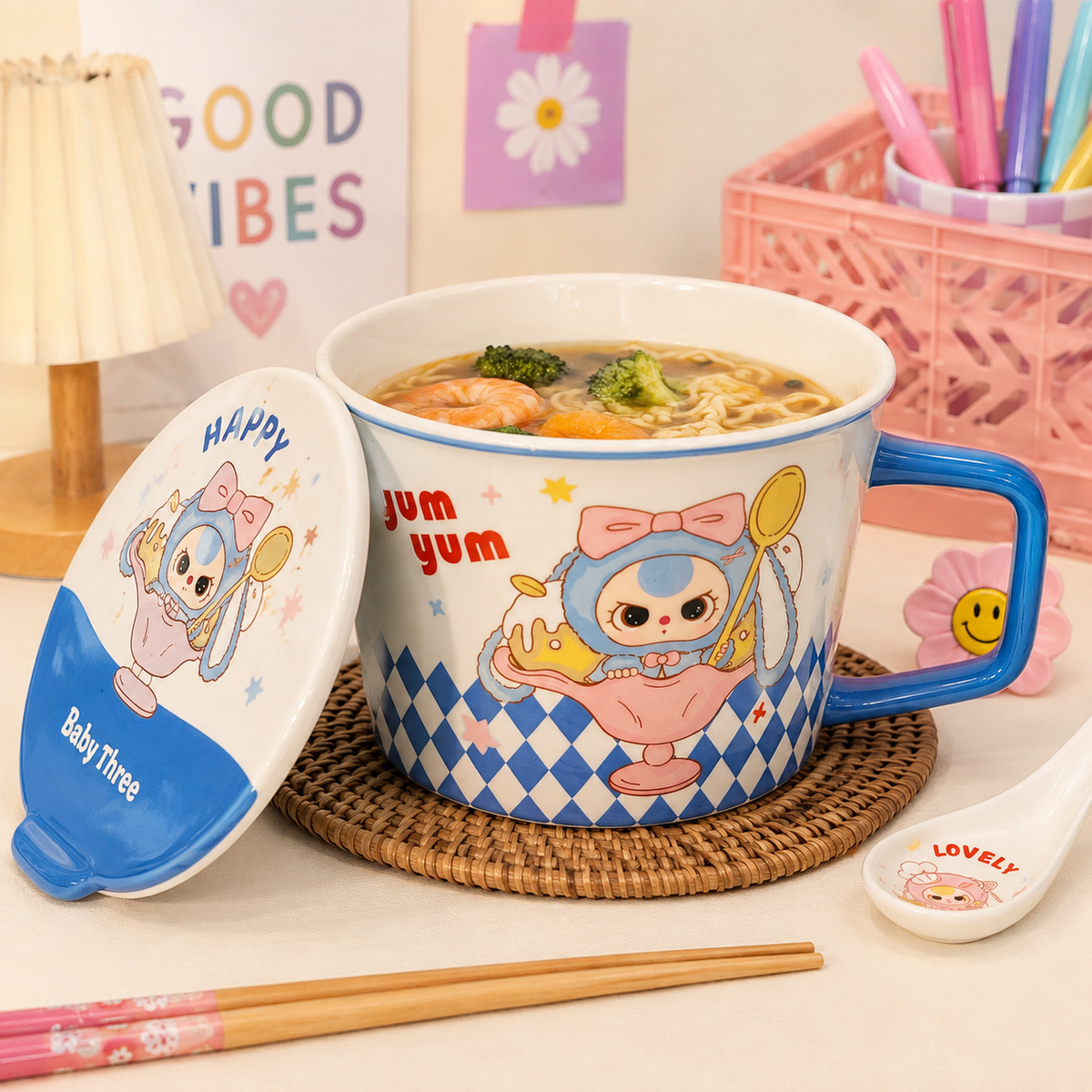 Hediye Ofisi Yum Yum Büyük Noodle Kasesi – Kapaklı Kaşıklı Seramik Kupa