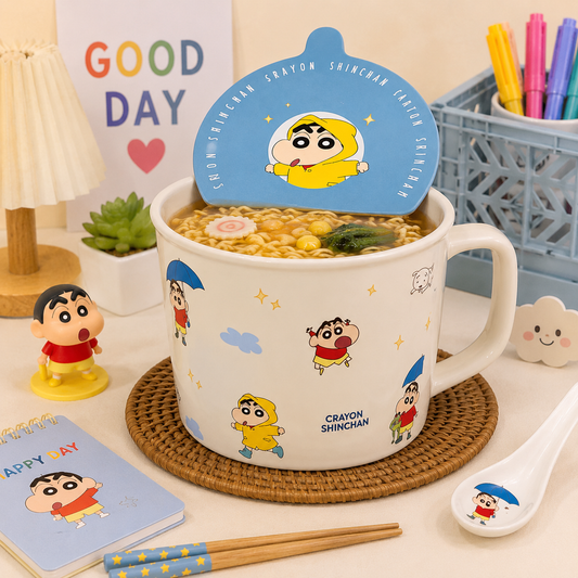 Hediye Ofisi Shinchan Kapaklı Büyük Noodle Kasesi – Kaşıklı Seramik Kupa