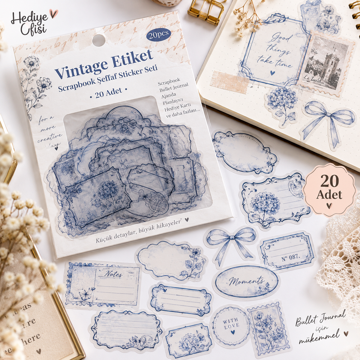 Blue Ink Frame Journal Vintage Etiket Scrapbook Şeffaf Sticker Seti 20 Adet