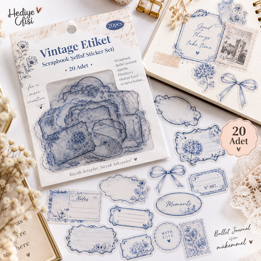 Blue Ink Frame Journal Vintage Etiket Scrapbook Şeffaf Sticker Seti 20 Adet