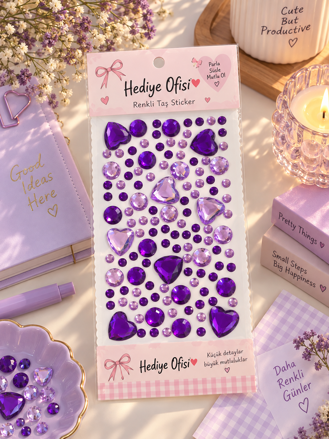 Renkli Kalpli Kristal Taş Sticker – Kendinden Yapışkanlı Dekoratif Süs Taşları
