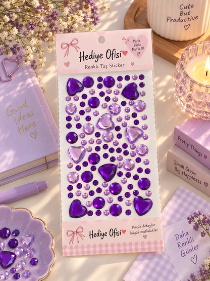 Renkli Kalpli Kristal Taş Sticker – Kendinden Yapışkanlı Dekoratif Süs Taşları