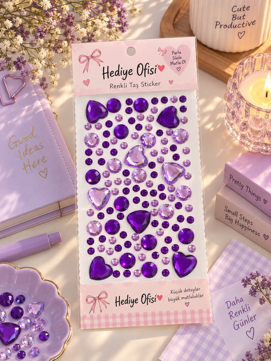 Renkli Kalpli Kristal Taş Sticker – Kendinden Yapışkanlı Dekoratif Süs Taşları