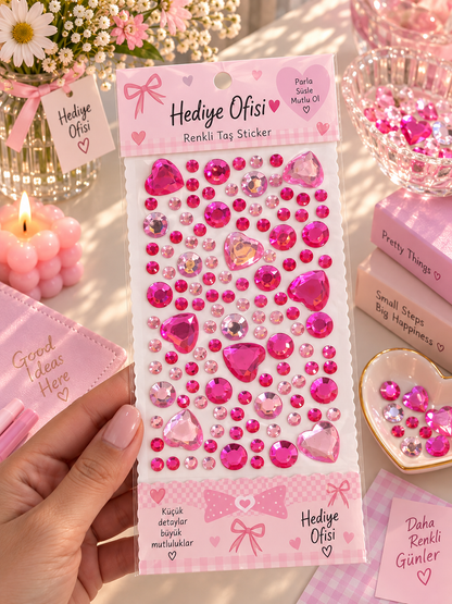 Renkli Kalpli Kristal Taş Sticker – Kendinden Yapışkanlı Dekoratif Süs Taşları