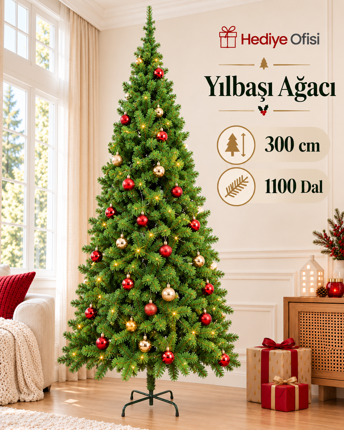 300 cm Yerli Üretim Lüks Yılbaşı Çam Ağacı 1100 Dal