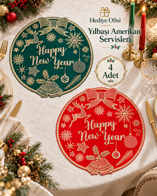 Hediye Ofisi Yılbaşı Amerikan Servisi – Kırmızı ve Yeşil Gold Desenli Happy New Year Sofra Süsü