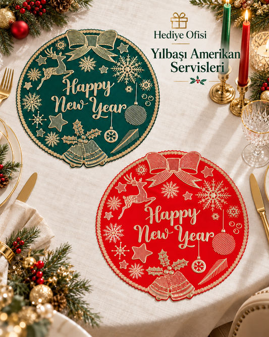 Hediye Ofisi Yılbaşı Amerikan Servisi – Kırmızı ve Yeşil Gold Desenli Happy New Year Sofra Süsü