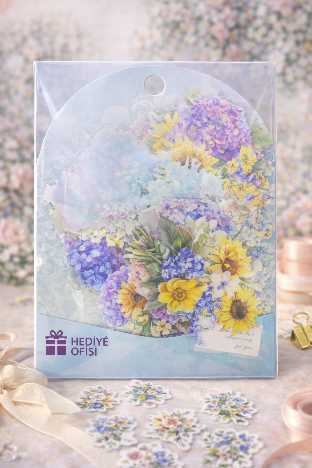 Hediye Ofisi pastel mavi mor sarı çiçek buketi dekoratif sticker seti