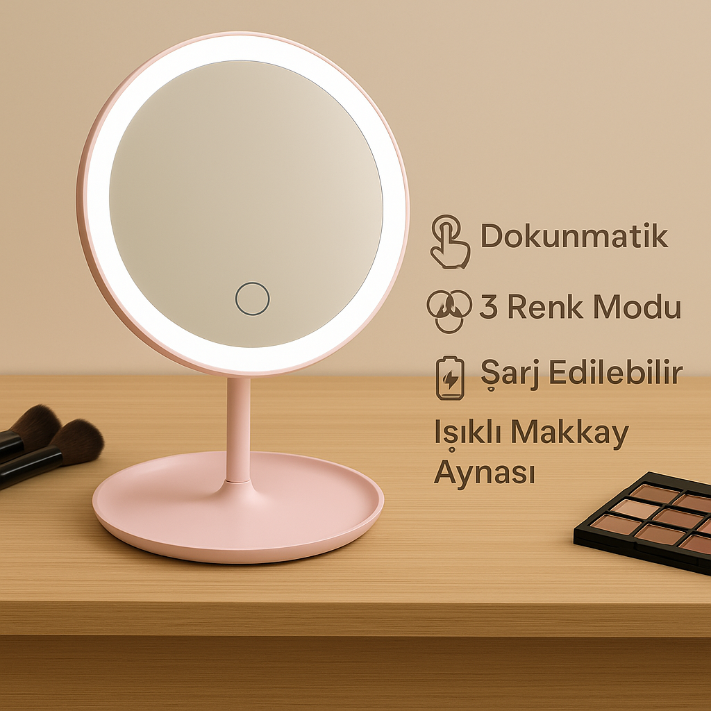 Led Işıklı Dokunmatik Makyaj Aynası Pembe & Beyaz – 3 Kademeli Işık Ayarı , 360° Döner Başlık