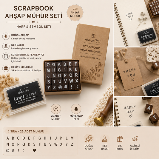 Ahşap Harf Scrapbook Mühür Seti - 30 Adet