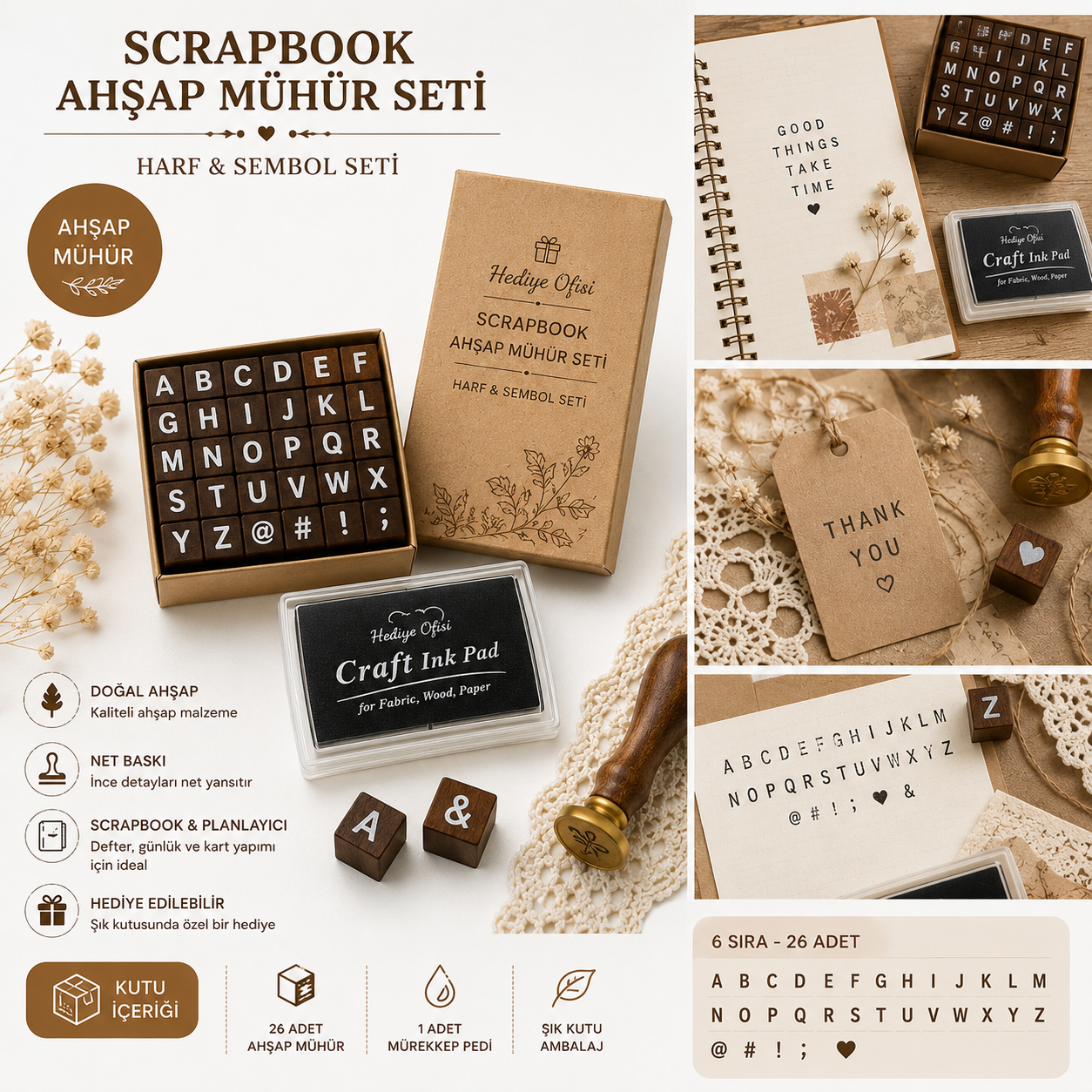Ahşap Harf Scrapbook Mühür Seti - 30 Adet