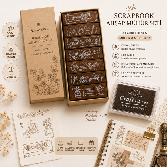 Vintage Flora Ahşap Scrapbook Mühür Seti 8 Adet + Istanpa ve Mürekkep Dahil