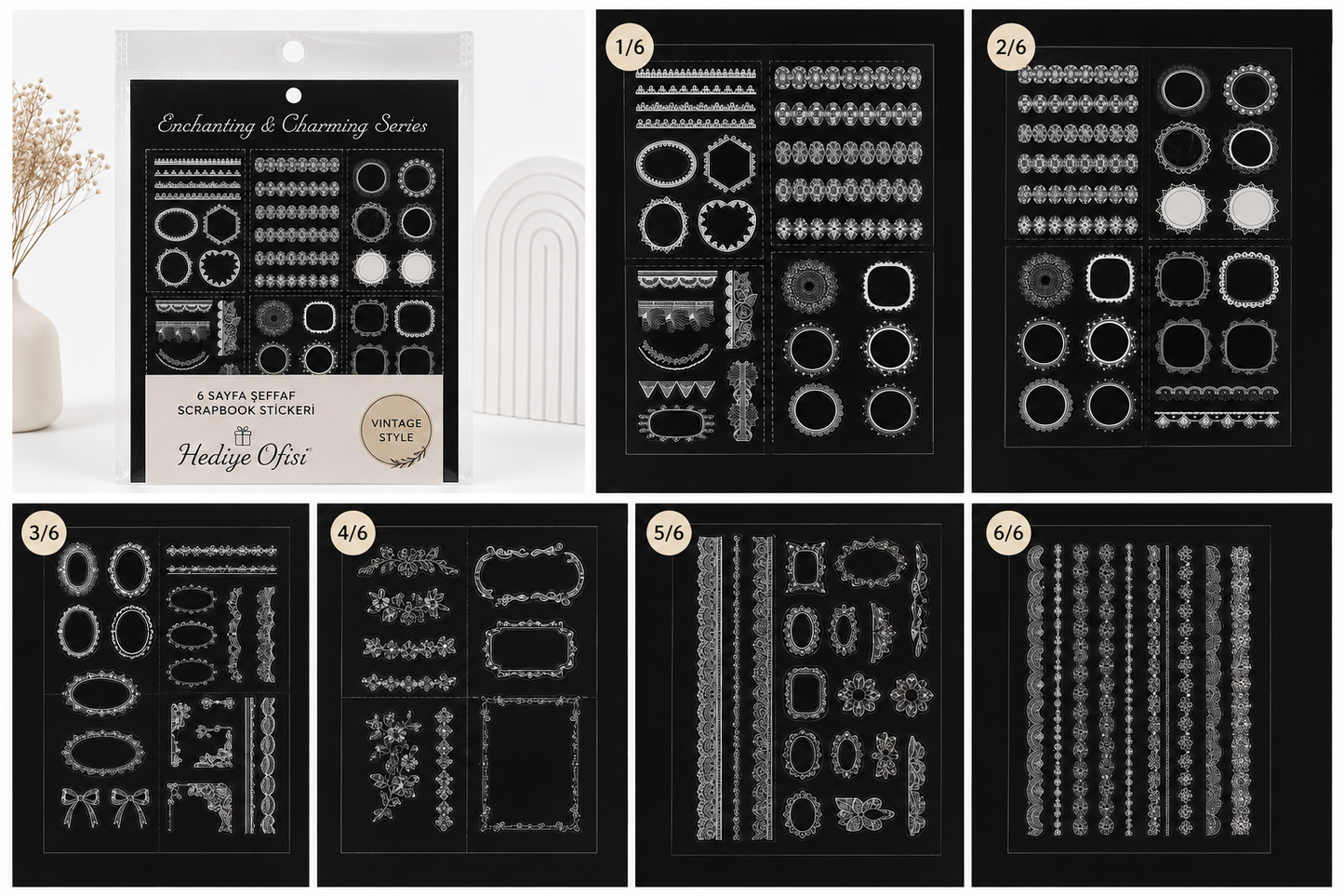 Vintage Dantel Scrapbook Sticker Set 6 Sayfa