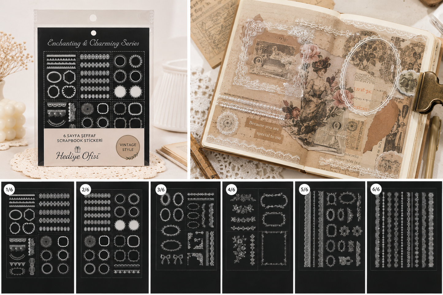Vintage Dantel Scrapbook Sticker Set 6 Sayfa
